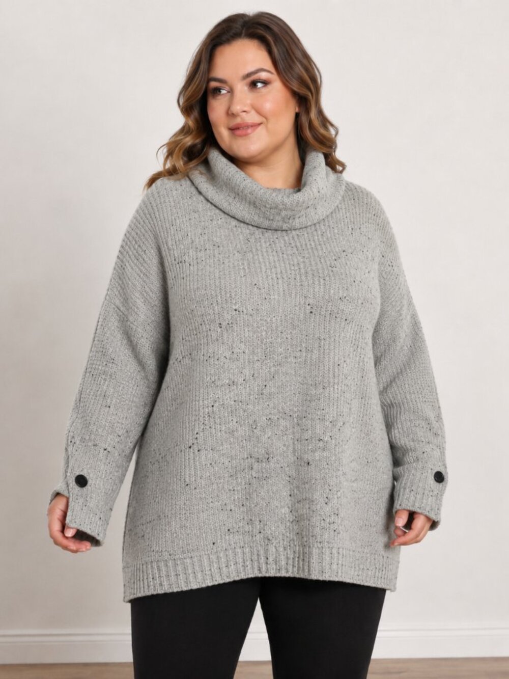 Fortune + Ivy 1X Gray Speckled Cowl Neck Button Cuff Sweater